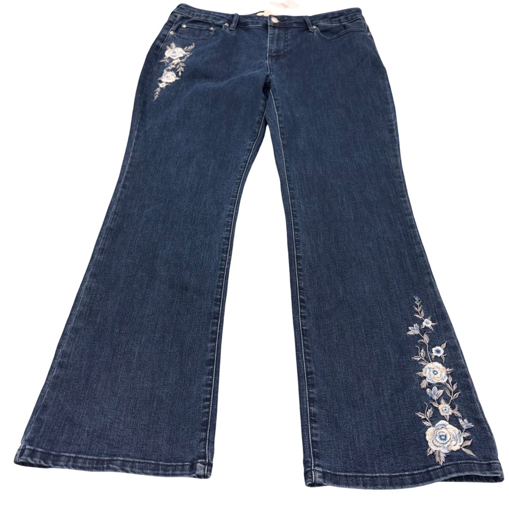 NWT Jeans Women 12 Blue Floral Embroidered Bootcut Cactus + Pearl